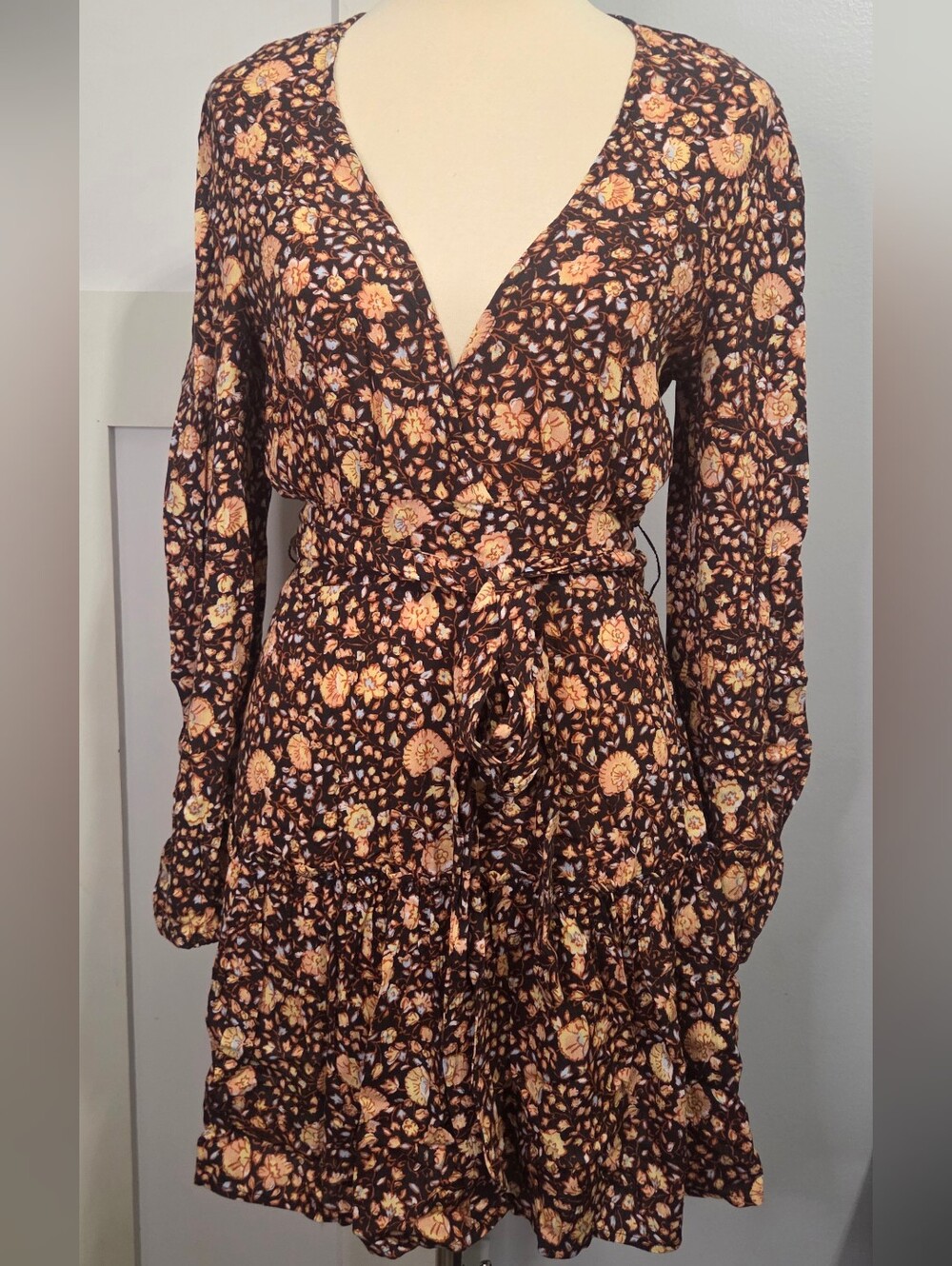 Billabong - Brown Floral Faux-Wrap Long Sleeve Mini Dress